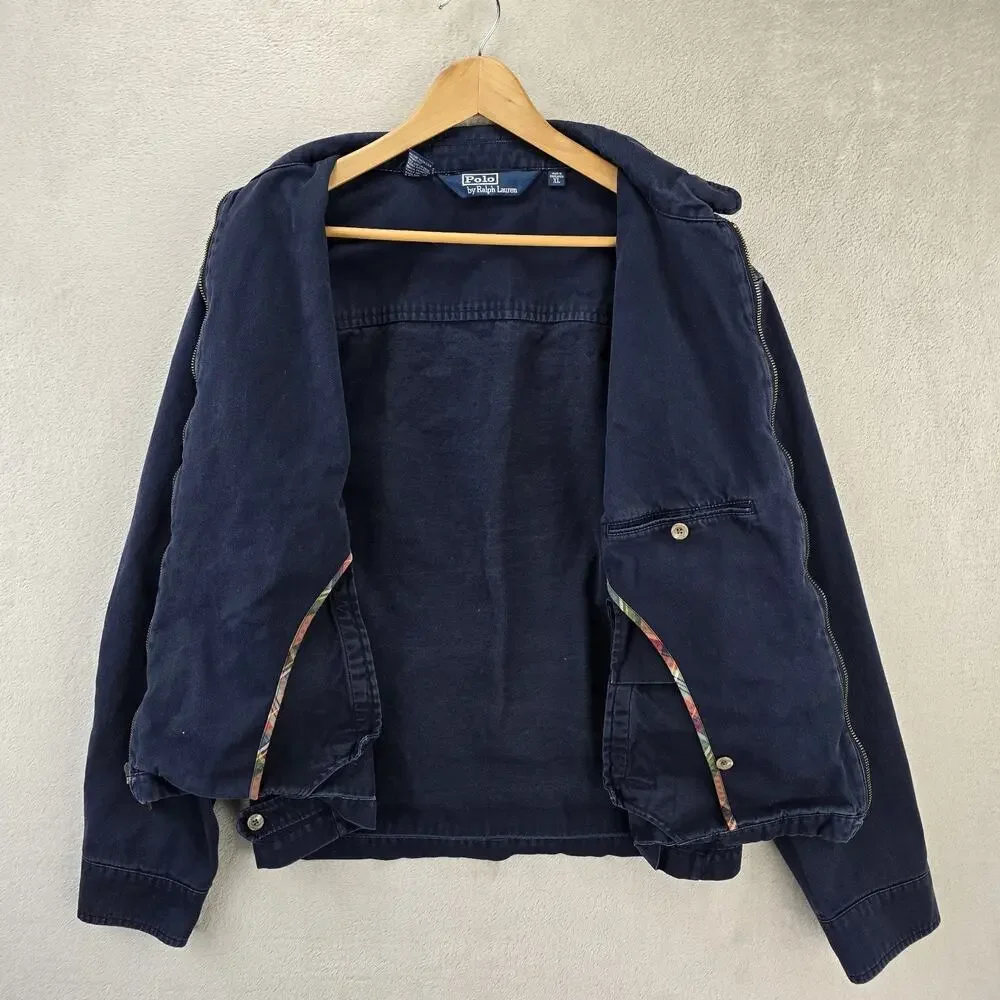 Vintage Polo Ralph Lauren Harrington Jacket Mens XL Navy Blue Plaid Collar 90s